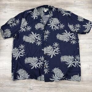 VTG Two Palms Hawaiian Shirt Mens 2XL Blue Pineapple AOP Rayon Tiki Camp Aloha